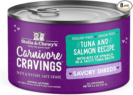 Stella & Chewy's Carnivore Cravings Savory Shreds - Wet Cat Food - High-Moisture Formula with Premium Real Meat - Perfect for Picky Eaters - Tuna & Salmon Recipe, 5.2 oz, 8 Count