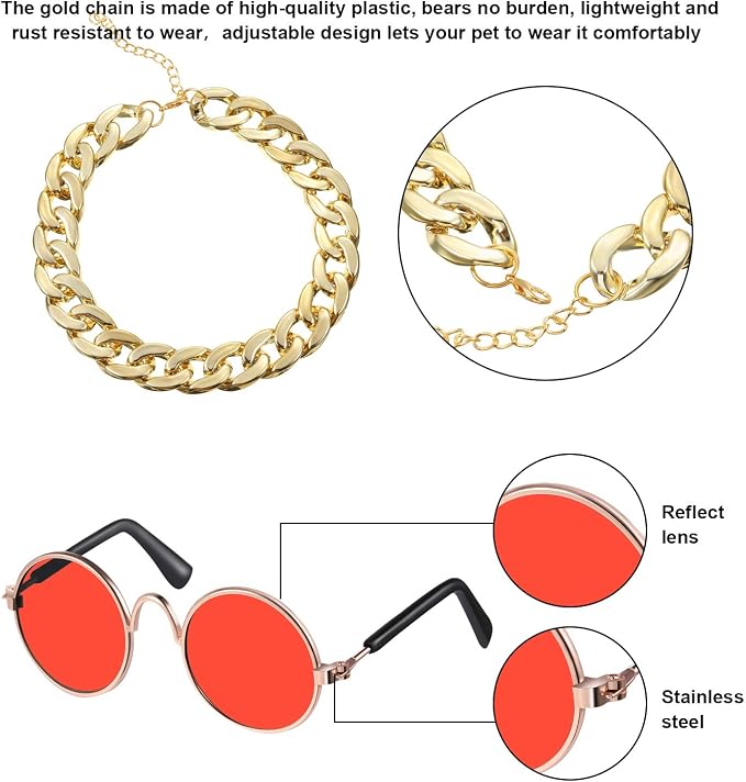 Weewooday 7 Pcs Dog Sunglasses Cats Sunglasses with 2 Gold Chain Retro Round Metal Glasses Funny Cute Cosplay Costume for Small Pet(Vivid Colors,Lovely Style)