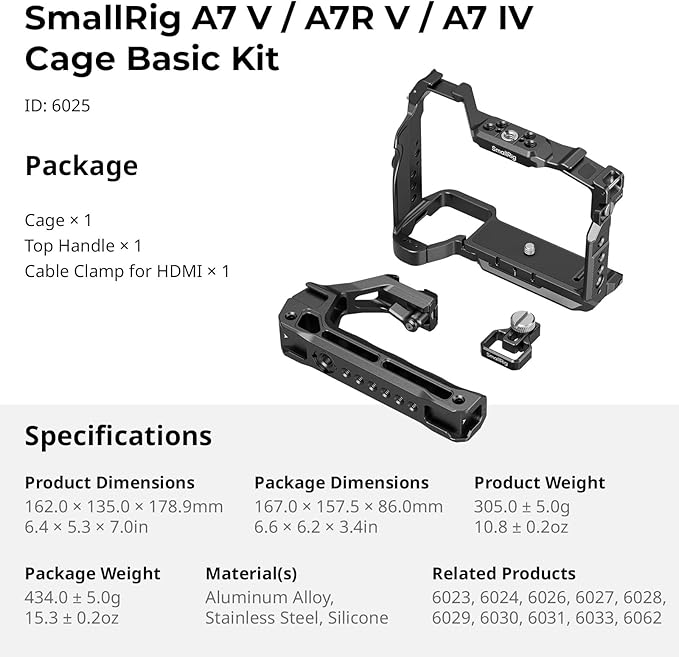 SmallRig A7 V / A7R V / A7 IV Cage Basic Kit for Sony Alpha 7 V/Alpha 7R V/Alpha 7 IV, with Quick Release Plate for Arca, Includes Top Handle/Cable Clamp for HDMI