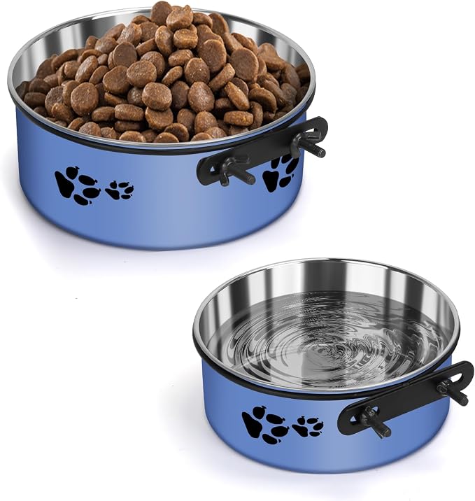 2 Pack Kennel Bowls Mountable Stainless Steel Crate Bowls for Dogs No Spill Hanging Kennel Water Feeder with Clamp Holder 2 Sizes（7.08x2.83’’,6.3x2.63’） (Blue)