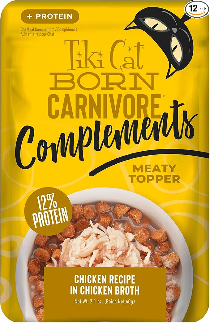 Tiki Cat Born Carnivore Complements Wet Cat Food Topper, High Protein & Limited Ingredient, Chicken, 2.1 oz. Pouch (12 Count)