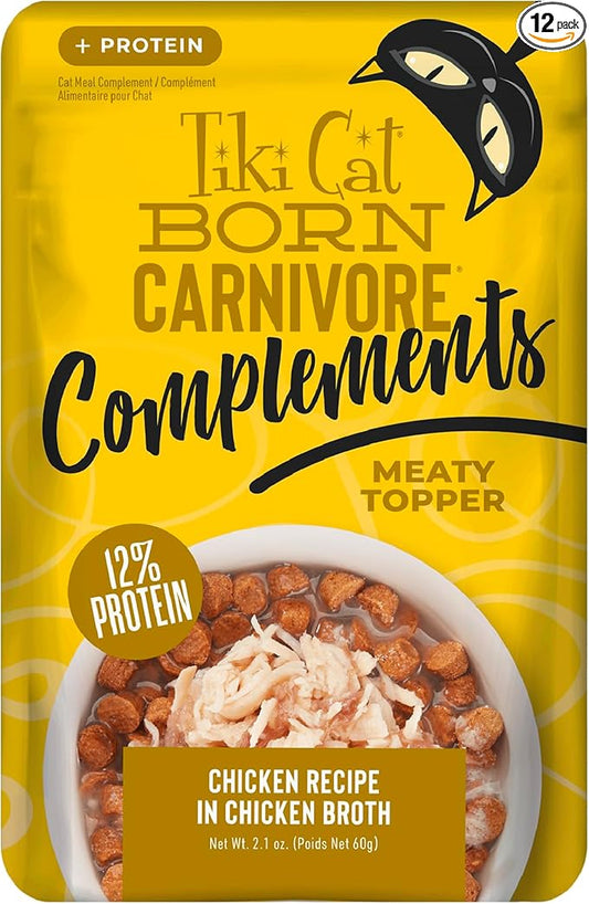 Tiki Cat Born Carnivore Complements Wet Cat Food Topper, High Protein & Limited Ingredient, Chicken, 2.1 oz. Pouch (12 Count)