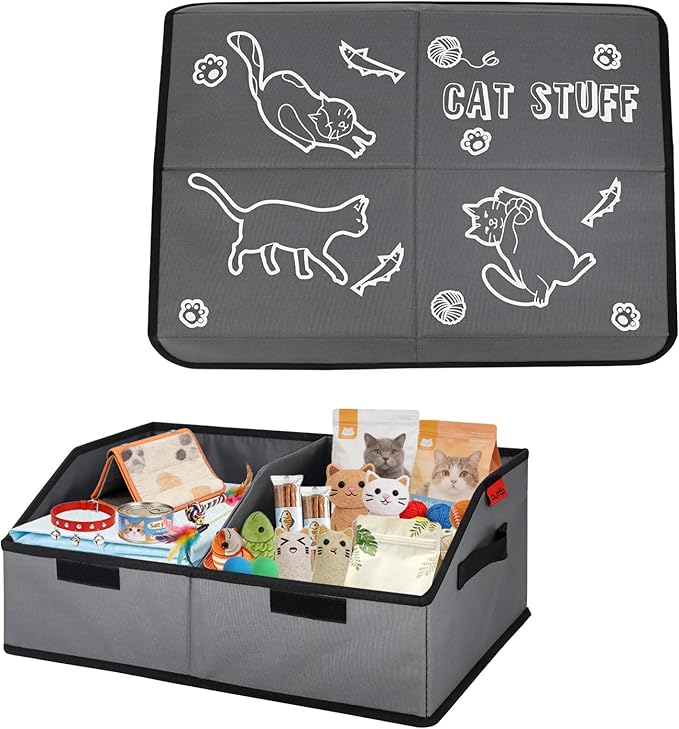Sturdy MDF Cat Toy Box Storage with Lid, 19" Collapsible Cat Toy Bin with Handle, 600D Fabric Cute Pet Storage Basket Organizers for Pet Toys, Treats Clothes and Accessories - Grey (1 Pack)