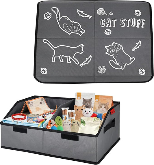Sturdy MDF Cat Toy Box Storage with Lid, 19" Collapsible Cat Toy Bin with Handle, 600D Fabric Cute Pet Storage Basket Organizers for Pet Toys, Treats Clothes and Accessories - Grey (1 Pack)