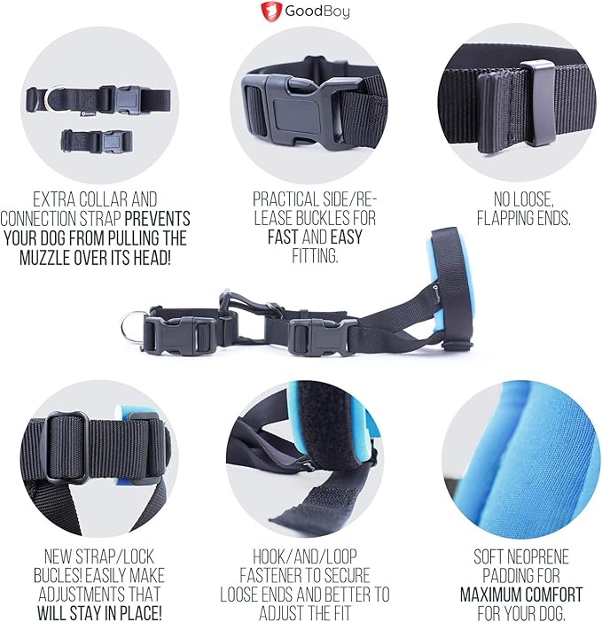 Gentle Muzzle Guard for Dogs - Prevents Biting and Unwanted Chewing Safely – New Secure Comfort Fit - Soft Neoprene Padding – No More Chafing – Training Guide Helps Build Bonds with Pet (L, Blue)
