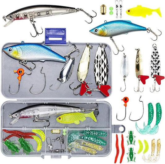 GOANDO Fishing Lures Kit for Freshwater Bait Tackle Kit for Bass Trout Salmon Fishing Accessories Tackle Box Including Spoon Lures Soft Plastic Worms Fishing Gifts