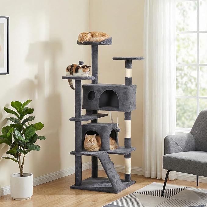 PayLessHere Cat Tree 62in Cat Tower with Cat Scratching Post,Multi-Level Cat Condo Stand House Furniture Kitty Activity Center with Furry Ball Toys Cat Tree for Indoor Cats,Dark Gray