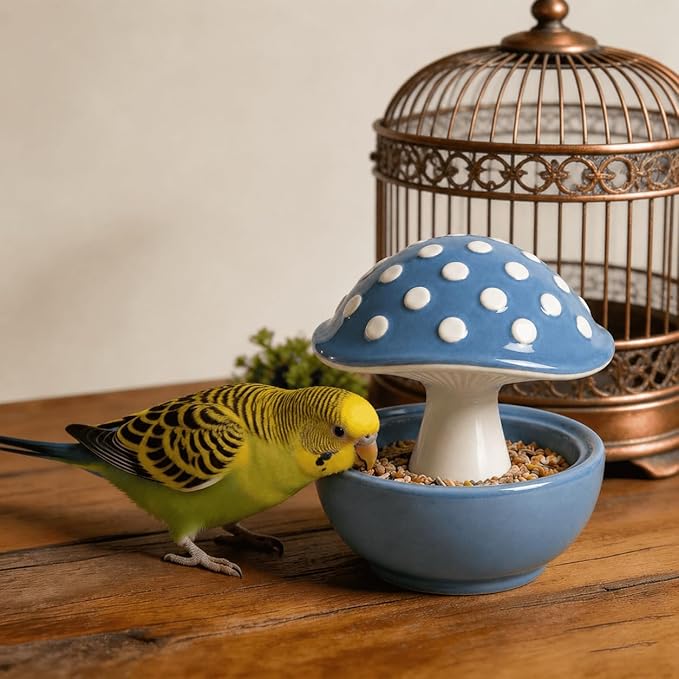 Cute Mushroom Ceramic Bird Water Dispenser & Seed Bowl, Premium Glazed Anti-Dust Feeding Dish for Small Parrots, Conures, Hamsters, Heavy Duty Cage Accessory