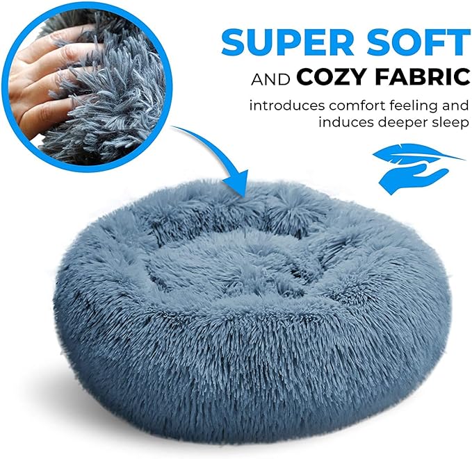 Whiskers & Friends Cat Beds for Indoor Cats, Fluffy Calming Donut Cat Bed, Small Dog Bed Washable - Orthopedic Soft Plush Pet Beds Sized for Kitten to Large Cats & Puppy to Medium Dogs, Navy Grey 31''
