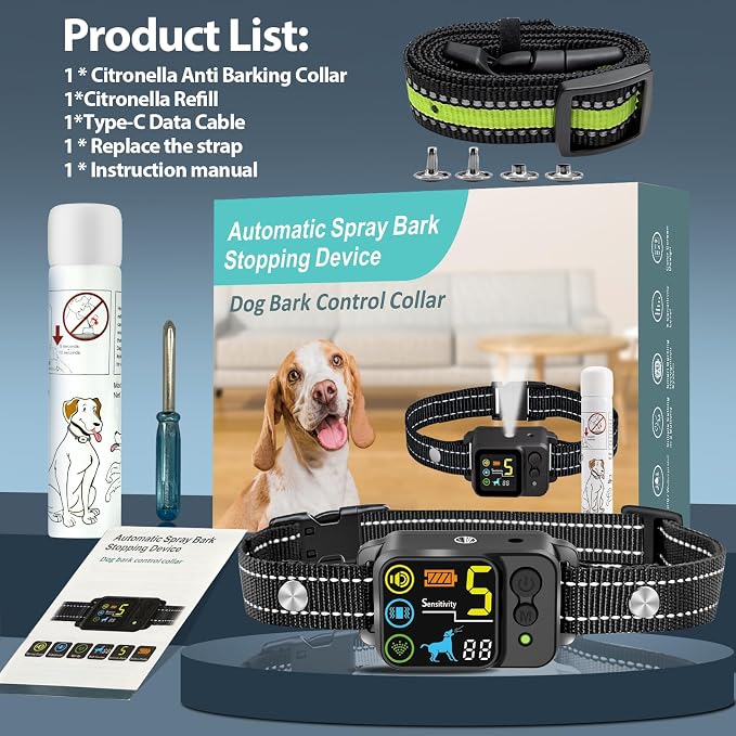 Citronella Bark Dog Collar Spray Dog Collar, with 5 Adjustable Sensitivity, Beep+Vibration+Spray 5 Working Modes Citronella Bark Collar, IP66 Waterproof Dog Spray Collar for L/M/S Black