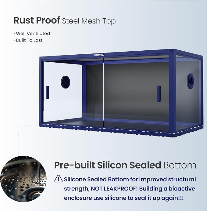 Phailozoo 50 Gallon Reptile Enclosure, Colorful Aluminum Frames Reptile Tank Assemble Within 6 Steps, Rust Proof Mesh Top for Air Circulation & Light Penetration, Dual Grommets for Multiple Wire Use