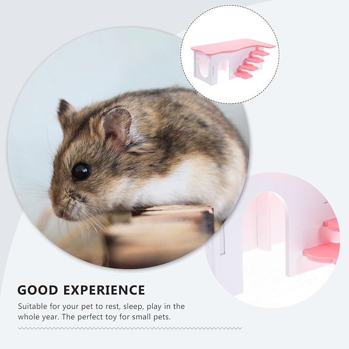 Beaupretty Hamster House Ladder 10.62In Multi-Level Wooden Platform Small Pet Hideout Toy for Hamsters Guinea Pigs Pink Cage Accessory