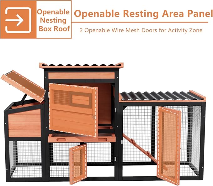 Outdoor Duck Coop with Run, Weatherproof Poultry Cage for 2-4 Chickens, Hen House with Nesting Boxes and Removable Tray for Easy Cleaning, Rabbit Cage Bunny Hutch in Orange with Black