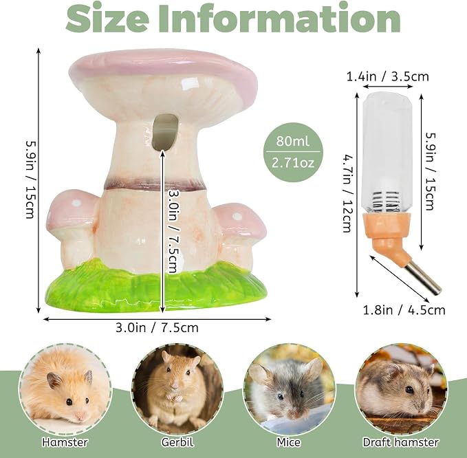 PINVNBY Hamster Water Bottle No Drip Ceramic Automatic Gerbil Water Bottle 80ML Water Dispenser with Mushroom Stand Holder for Gerbils Syrian Hamsters Dwarf Hamsters Mice (Pink)