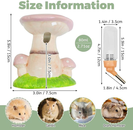 PINVNBY Hamster Water Bottle No Drip Ceramic Automatic Gerbil Water Bottle 80ML Water Dispenser with Mushroom Stand Holder for Gerbils Syrian Hamsters Dwarf Hamsters Mice (Pink)