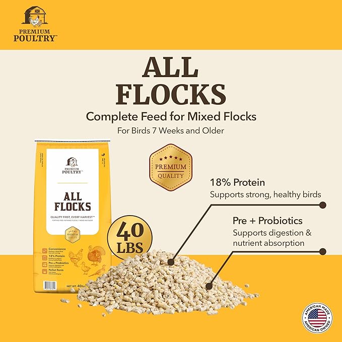 All Flock Poultry Feed Pellets, 18% Protein Chicken Feed Made in USA for Mixed Flock –Chicken, Ducks, Geese, Turkeys & Game Birds, Probiotics for Digestion, 40 lbs