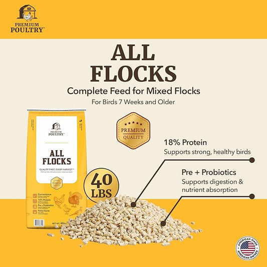 All Flock Poultry Feed Pellets, 18% Protein Chicken Feed Made in USA for Mixed Flock –Chicken, Ducks, Geese, Turkeys & Game Birds, Probiotics for Digestion, 40 lbs