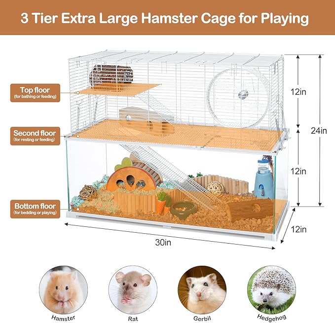 3 Tiers Large Hamster Cages, Glass Hamster Cage Habitat with Openable Wire Topper, Gerbil Cage with Two Ladders Ramps and Removeable Waterproof PVC Tray, Easy to Clean