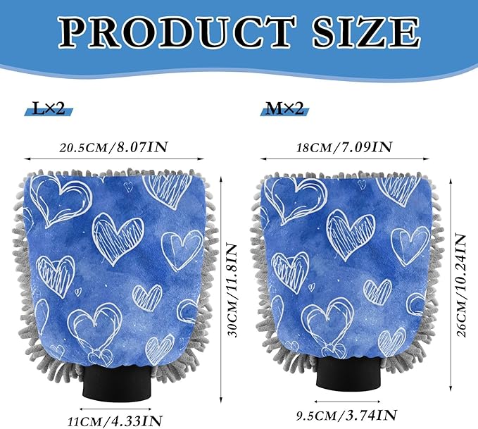 Car Wash Mitt Microfiber Wash Mitts for Car Washing Scratch-Free Cleaning Gloves Soft Non Absorbent Chenille Auto Hand Mitt Medium 2Pack Blue White Hearts