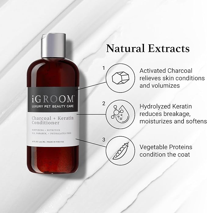 iGroom Charcoal Keratin Dog Conditioner, Luxury Pet Beauty Care, Repairs Enhances Adds Moisture, Made in USA, Summer Fig, 16oz