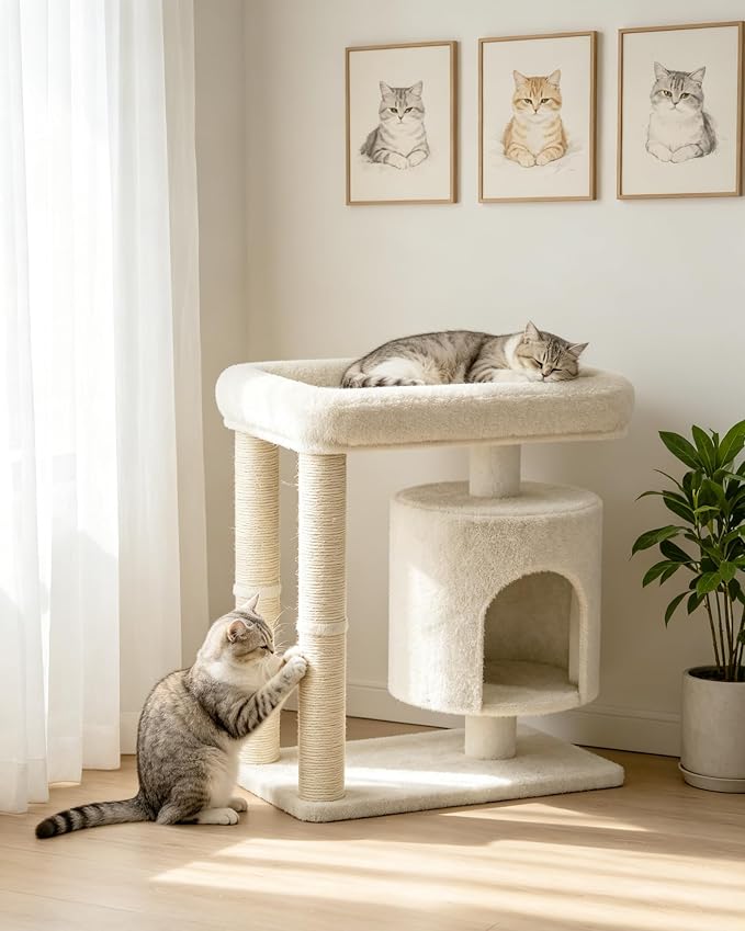 Small Cat Tree, Cat Tree for Large Cats with Perch Bed, Dual Sisal Scratching Posts, Cozy Condos for Indoor Cats Kittens, Beige