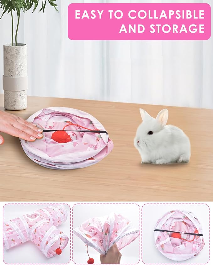 Ferret Guinea Pig Tunnel Collapsible Bunny Tube with 1 Play Ball 3 Ways Pet Rabbit Tunnels Hideout for Indoor Kitten Chinchilla Hamster Rat Small Pet Activity Fun Toys (Pink)
