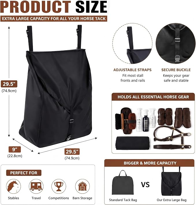 Dansydaisy Black Large Horsewear Bag Stall Front Horse Blanket Storage Bag Durable 600D Oxford 29.5 x 24.5 x 9 in Fabric Portable Easy to Hang Horse Tack Holder Accessories for Keep Organized