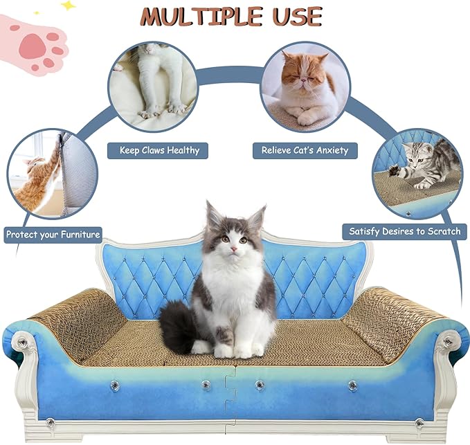 Luxury Cardboard Cat Scratcher Sofa Bed, Couch Shaped Scratching Board, Scratch Lounge with Catnip, Cat Scratcher for Indoor Cats Large Blue 25.4" L