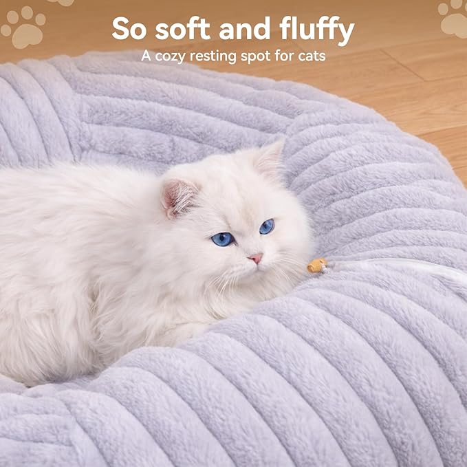 Cat Tunnel Bed, Peekaboo Hideaway Cave for Indoor Cats, Machine Washable Kitten Bed, Cat Donut, Dachshund Tunnel Bed for Small Dogs, Upgraded Striped Hare Feel Fabric (Grey)