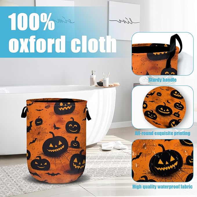Spooky Pumpkin Laundry Basket, Halloween Laundry Hamper Collapsible Oxford Cloth with Handle Clothes Storage Bin for Bathroom Laundry Room Bedroom 15.7 X 20 Inch