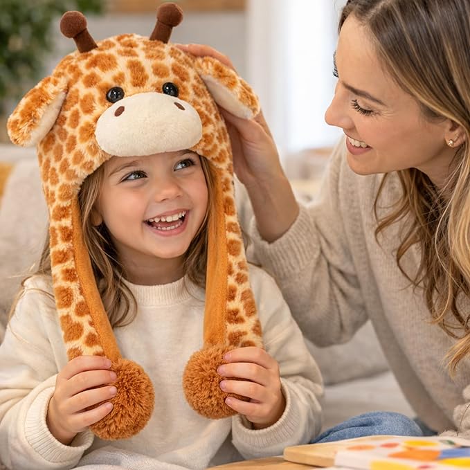 Bubblepompom Animal Hat with Ears Moving Jumping Pop Up Beating Hat Plush Holiday Cosplay Dress Up Funny Gift for Kids