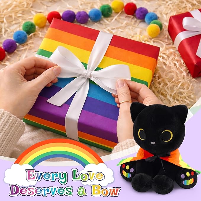 Black Cat Plush - 8" Cute Cat Stuffed Animal with Removable Rainbow Cape & Colorful Paws, Huggable Kawaii LGBTQ+ Gift for Friends, Lovers & Allies, Pride Month Decor