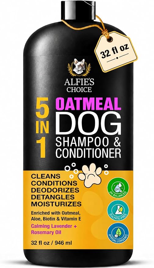 Oatmeal Dog Shampoo and Conditioner 32 fl oz | 5 in 1 Puppy Shampoo for Itchy Sensitive Skin | Dog Wash with Aloe, Biotin & Vitamin E | Cleans, Deodorizes & Moisturizes | All Breeds | ALFIE'S CHOICE