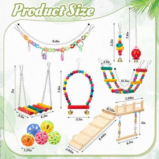 12 Pcs Parakeet Cockatiel Bird Toys, Parrot Swing Chewing Hanging Toys, Colorful Style Parrots Cage Accessories, Interactive Chew & Climb Play Set (Basic Style)