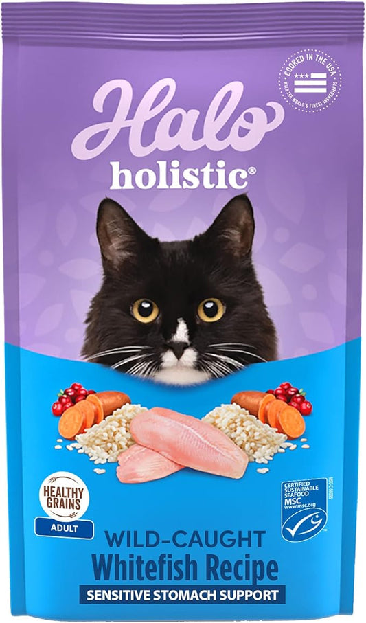 Halo Holistic Cat Food Wild Caught Whitefish Formula, Healthy Grains Dry Cat Food, For Sensitive Stomach Support, Kibble for Adult Cats, 10 lb Bag