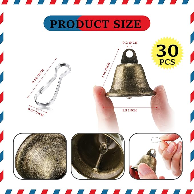 Gejoy 30 Pieces Craft Small Brass Bells for Crafts Mini Vintage Bells with Spring Hooks Tiny for Hanging Wind Chimes Making Dog Training Doorbell Wedding Decor, 1.65 x 1.5 Inch (Bronze)