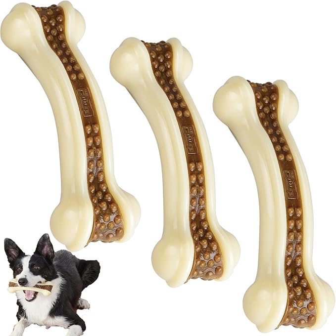 Dog Chew Toys for Aggressive Chewers Large Breed, 3 Pack Real Beef Flavor,Indestructible Dog Teething Chew Toys for Large/Medium/Small Puppies,Tough Pet Toy with Durable Nylon