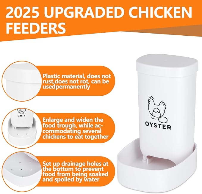 Chicken Oyster Shell Feeder and Grit Feeder with Lid, Automatic Chicken Feeder Coop Accessories Supplies Bottom with Drainage Holes Design for Healthier Hens & Eggs
