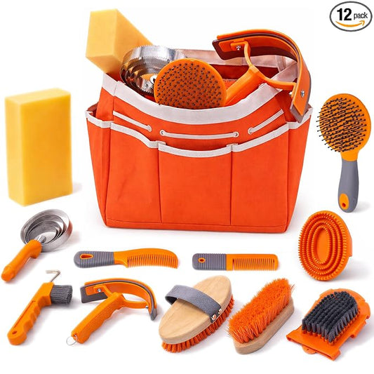 Orange Horse Grooming Kit - 12-in-1 Complete Set with Handbag, Horse Brushes, Curry Comb, Hoof Pick, Sweat Scraper, Sponge for Horse Owners and Riding Enthusiasts