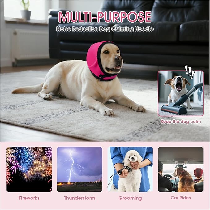 Dog Calming Hoodie,No Shake Ear Wraps for Dogs,Ear Cover for Noise Protection Anxiety Relief,Swim Cap Bath Blow Drying Headband,for Fireworks Grooming Bathing,Vet Visit,Rosered,M