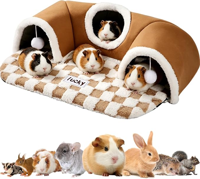 Extra Large Guinea Pig Hideout Tunnel, 3-Cave Small Animal Tunnel for Play Tube Toys Mat, Pet Tunnel for Dwarf Rabbits Bunny Chinchillas Hamsters Hedgehogs Ferrets, Brown, 22.05" × 16.14"× 5.51"