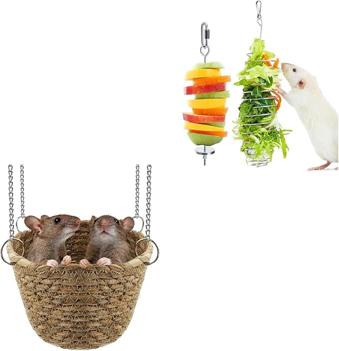 2Pcs Rat Enrichment Toys & Natural Grass Rat Hammock, Stainless Steel Foraging Holder and Chew Proof Bowl-Shaped Bed for 1-2 Rats Mice Parakeet