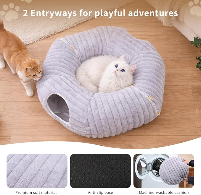 Cat Tunnel Bed, Peekaboo Hideaway Cave for Indoor Cats, Machine Washable Kitten Bed, Cat Donut, Dachshund Tunnel Bed for Small Dogs, Upgraded Striped Hare Feel Fabric (Grey)