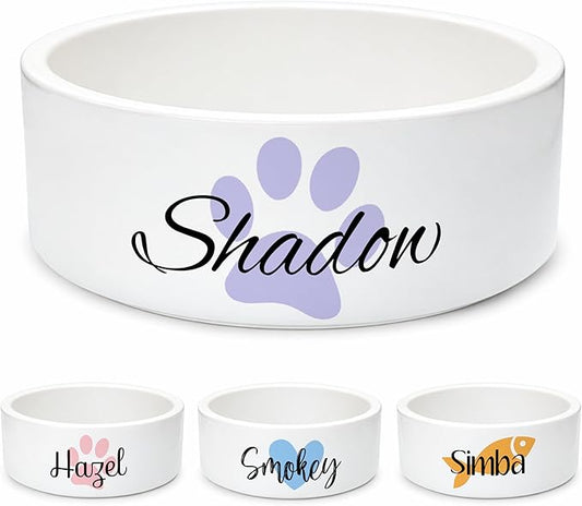 Custom Cat Bowl | Personalized Food & Water Dish with Name | Microwave & Dishwasher Safe Ceramic Pet Feeding Bowl for Kitty | Gift Idea for New Kitten Owners | White – Large