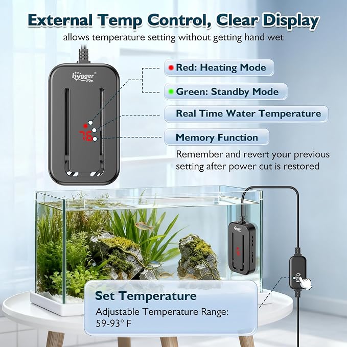 hygger 15-25 Gallon Small Fish Tank Water Heater 150W Submersible Nano Aquarium Heater with Controller Adjustable Temperature Run Dry & Overheating Protection