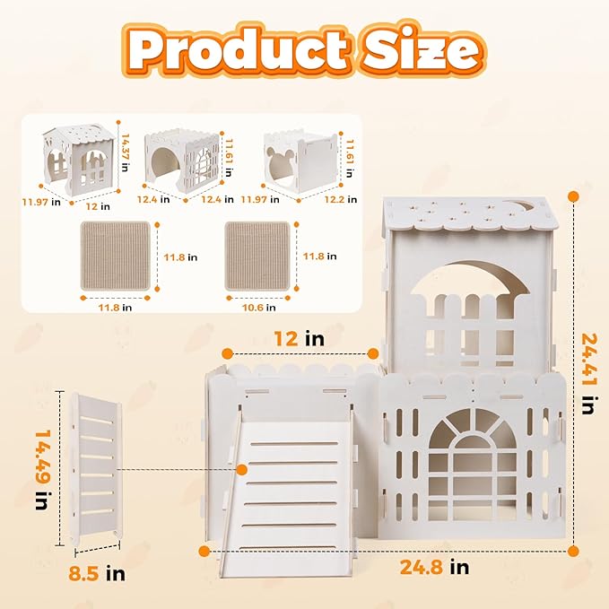 Large Rabbit House with 2PCS Rabbit Scratch Mat, Wooden Bunny Castle with 3 Houses Indoor, Guinea Pig Cage Multistory Climbing Tower Sturdy Wooden Castle, Small Animal Hideaway Tunnel