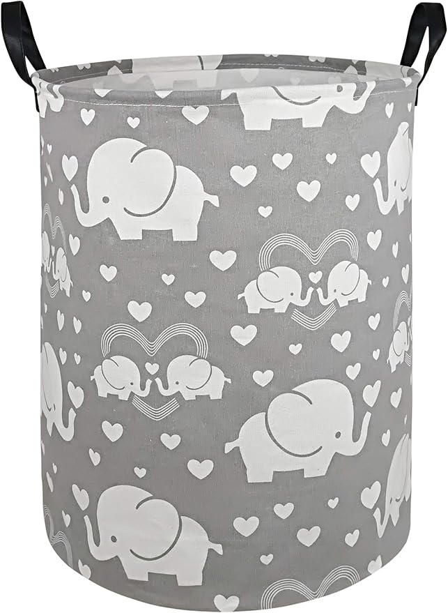 Kids Laundry Hamper Storage Basket Laundry Organizer Hamper Storage Bins Clothes Box Nursery Hamper Gift Basket with Handles (Love elephant)