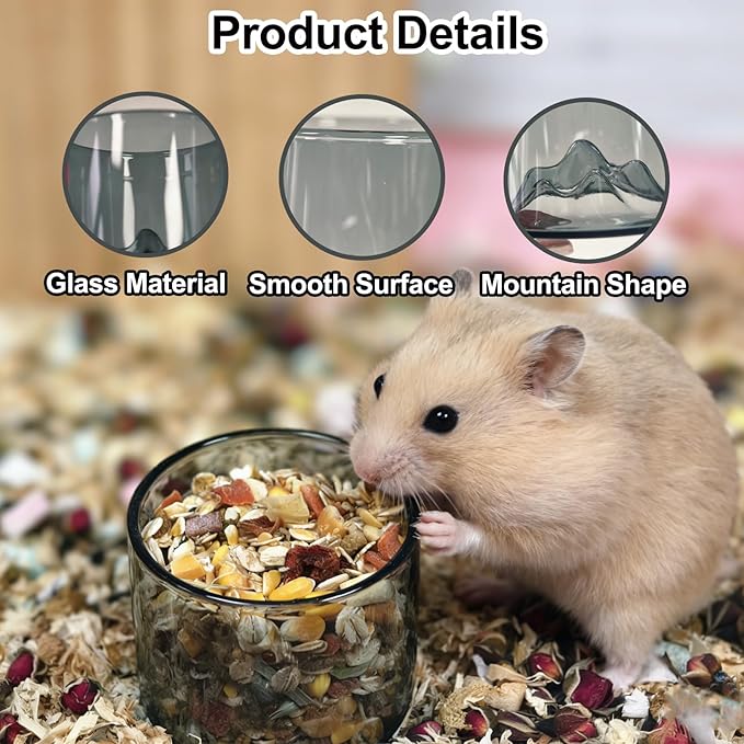 2 Pcs Hamster Feeding & Water Bowls, Glass Hamster Water Bottle Rat Food Bowl Anti Turning Small Animal Bowls for Gerbils Mice Rats (Grey)