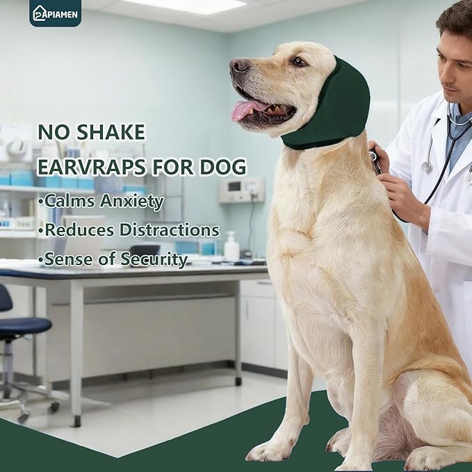 Dog Ear Cover for Hematoma,Bathing,Grooming,Drying,Fashion No Shake Ear Wraps for Dogs Ear Muffs Noise Protection Anxiety Relief,Waterproof Dog Calming Hoodie Shower Cap(Green,S)