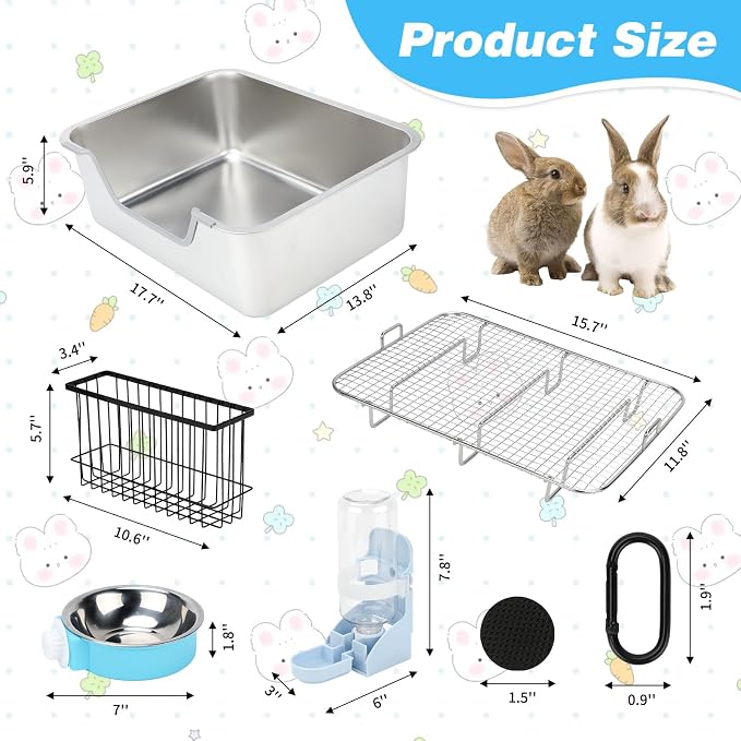 YUEPET 4-in-1 Large Rabbit Litter Box, Non-Slip Stainless Steel Litter Boxes with Sifting Grid & Hay Feeder Food Bowl, Easy Cleaning Bunny Litter Box with Odor Control for Rabbits Small Pets（M）